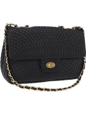 Bally Chain Shoulder Bag Leather Black Gold Tone